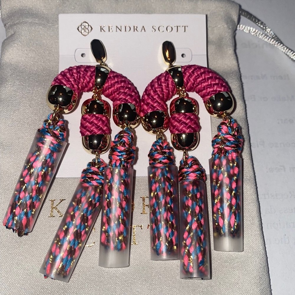 REG $150 GORGEOUS BRAIDED CORD STATEMENT EARRINGS WITH TASSELS - GOLD PINK MIX